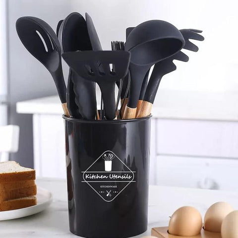 12 Pcs Silicone Cooking Utensils Kitchen Utensil Set | Heat Resistant Kitchen Non Toxic Spatula Set With Turner Tongs,spoon,brush,whisk-wooden Handle