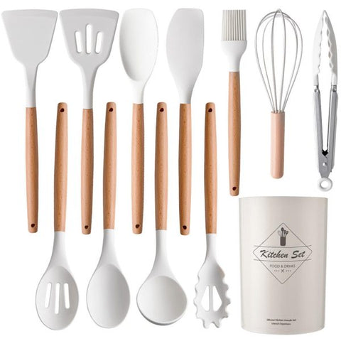 12 Pcs Silicone Cooking Utensils Kitchen Utensil Set | Heat Resistant Kitchen Non Toxic Spatula Set With Turner Tongs,spoon,brush,whisk-wooden Handle