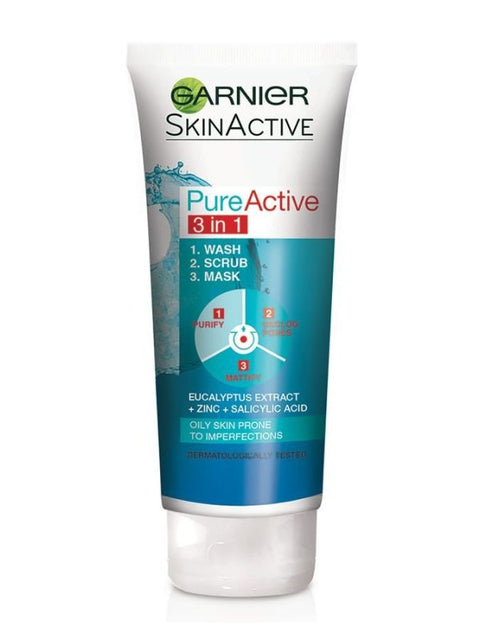 3 In 1 Garnier Skin Natural Pure Active Wash + Scrub + Mask 100ml