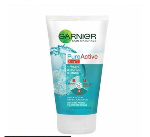 3 In 1 Garnier Skin Natural Pure Active Wash + Scrub + Mask 100ml